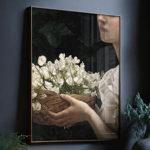 Impresión de niña con flores, retrato de mujer, impresión cottagecore oscura, retrato de ensueño, póster de arte alternativo, impresión romántica de flor de guisante de olor imagen 10