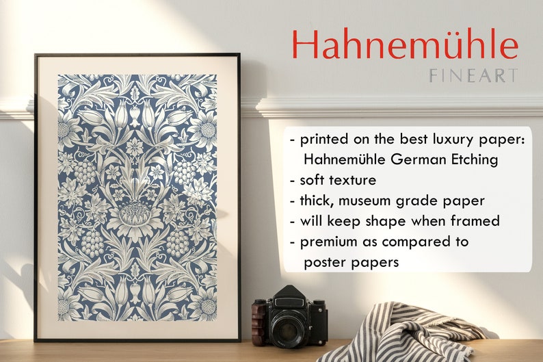 May include: A framed print of a blue and white floral pattern with the text "Hahnem&uuml;hle FINEART" and a description of the paper quality: "printed on the best luxury paper: Hahnem&uuml;hle German Etching soft texture thick, museum grade paper will keep shape when framed premium as compared to poster papers"