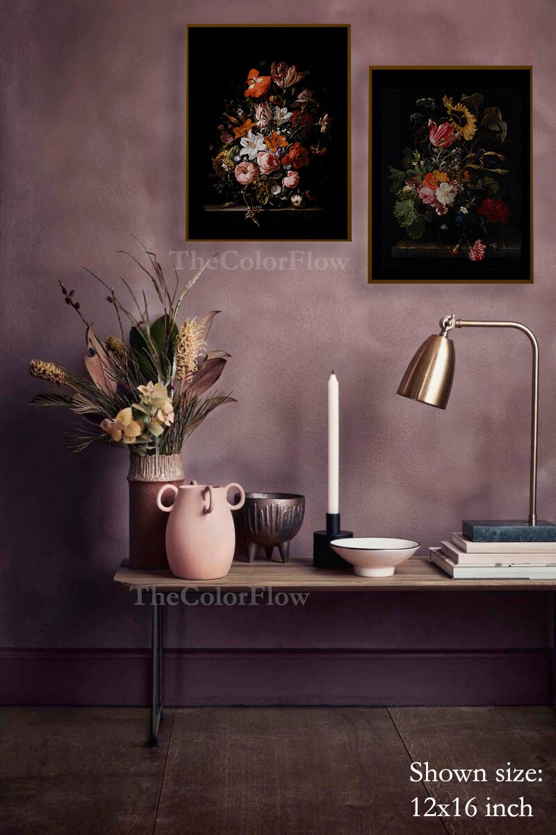 Dark Flower Art Print Set of Two, Moody Floral Wall Art, Dark Victorian ...