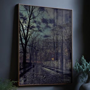 Pintura de noche melancólica, pintura victoriana, decoración de academia oscura, pintura al óleo oscura, grabados antiguos, impresión de pared con paisaje vintage iluminado por la luna