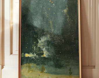 emerald green 18x24 print vintage, dark green wall art, starry night, moody oil painting, Nocturne in Black and Gold, art print abstract