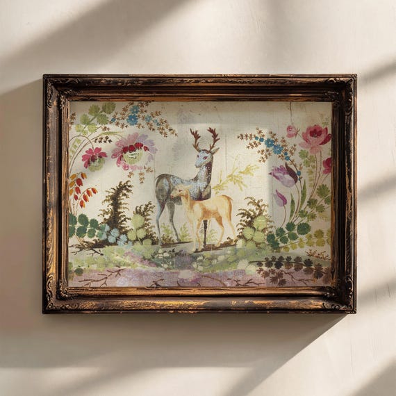 antique deer art print, vintage deer print, cottagecore print, woodland wall art, enchanted forest, jean baptiste pillement wall art nursery