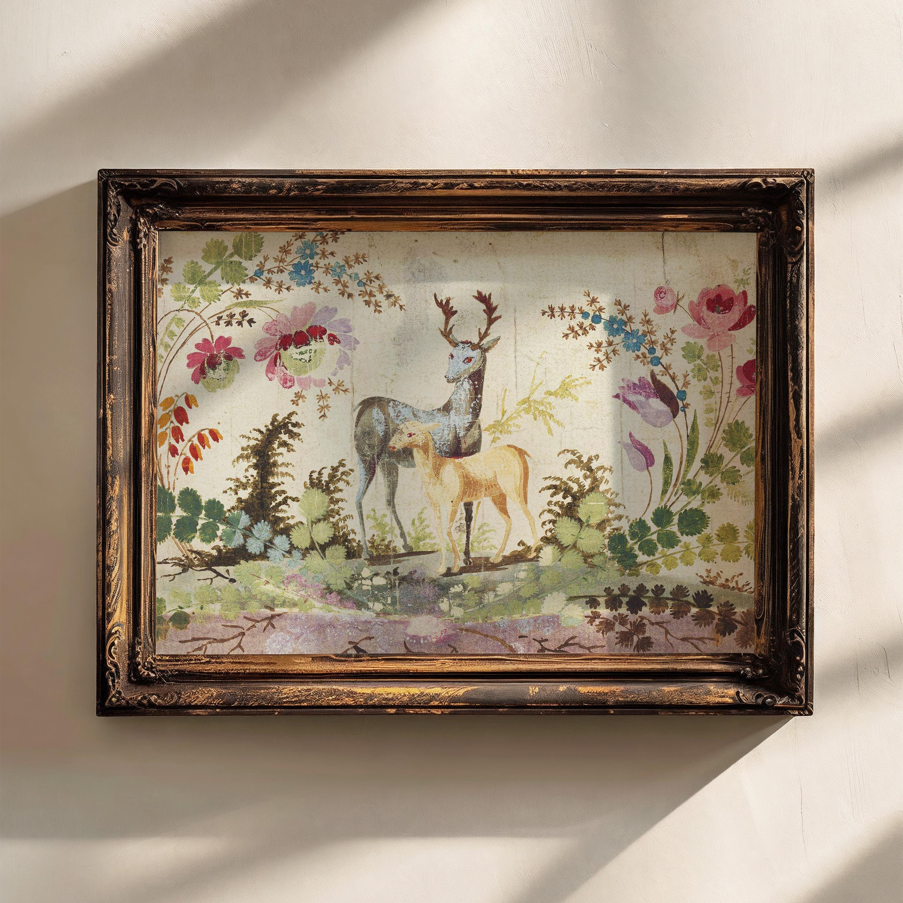 antique deer art print, vintage deer print, cottagecore print, woodland wall art, enchanted forest, jean baptiste pillement wall art nursery