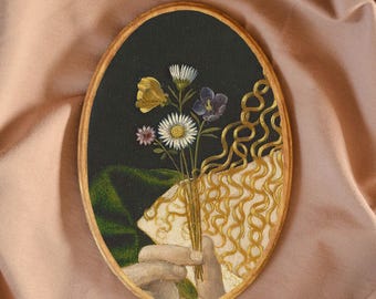 Miniatuur ovale kunstprint, vrouw met bloemen, romantische vintage decoratie, vintage handafdruk van een vrouw, houten ovale kunst, vintage bloemen muurdecoratie