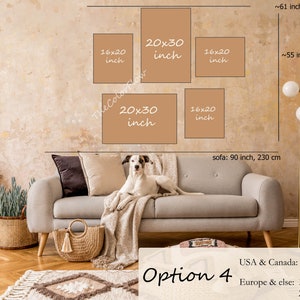 May include: Option 4 for a gallery wall featuring a mix of 16x20 inch and 20x30 inch prints. The wall is beige with a sofa in front of it. The sofa is light grey with a white throw blanket and a brown wicker bag on the floor. The wall is decorated with a gold floor lamp and a shelf with decorative items.