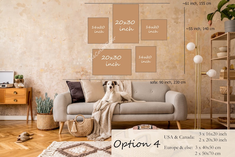 May include: Option 4 for a gallery wall featuring a mix of 16x20 inch and 20x30 inch prints. The wall is beige with a sofa in front of it. The sofa is light grey with a white throw blanket and a brown wicker bag on the floor. The wall is decorated with a gold floor lamp and a shelf with decorative items.