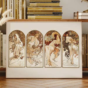Druk secesyjny, druk Alphonse'a Muchy, Cztery pory roku, druk w stylu vintage, sztuka kobieca, plakat art déco, sztuka ścienna retro, sztuka klasyczna