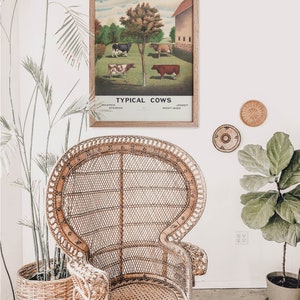 May include: A vintage poster with an illustration of four cows in a field. The poster is framed in wood and has the text "Typical Cows" at the bottom. The poster is hanging on a white wall in a room with a wicker chair and plants.