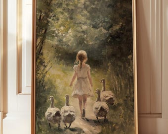 Grafika z gęsią dziewczynką, Grafika z kaczką, Sztuka ścienna w stylu wiejskim, Wystrój domu w stylu wiejskim, Grafika do pokoju dziecięcego, Sztuka pasterska, Dzieci z gęsiami