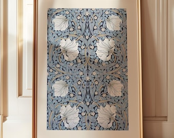blauw grijze william morris pimpernel poster, william morris print, tentoonstelling poster, blauwe badkamer wanddecoratie, maximalist, Victoriaanse muurkunst