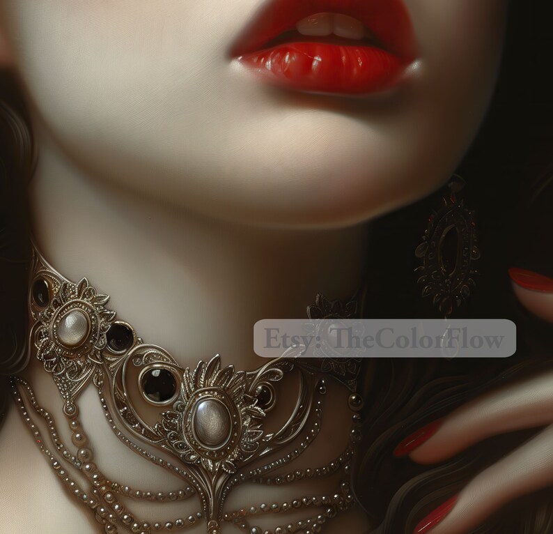 Puede incluir: Primer plano del cuello de una mujer adornado con un collar de choker de plata y perlas. El collar presenta intrincados dise&ntilde;os florales y un gran colgante de perla. Los labios de la mujer est&aacute;n pintados de rojo brillante.