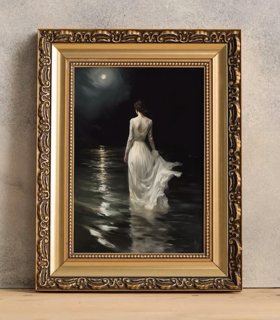 Into The Dark Waters - Dark Academia Print, Witchy Decor, Moody Victorian Wall Art, Woman Portrait, Dark Art Vintage Print, Woman Lake Print
