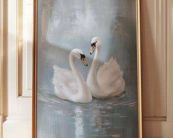 Vintage White Swan Print, obraz olejny z łabędziem, antyczna sztuka ścienna z łabędziem, minimalistyczna sztuka neutralna, wystrój nowoczesnego domu wiejskiego, wystrój z łabędziem