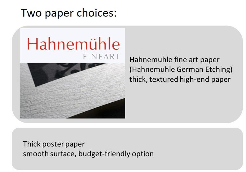 Puede incluir: Dos opciones de papel para imprimir: papel de arte Hahnem&uuml;hle (Hahnem&uuml;hle German Etching) es grueso, texturizado y de alta gama. Papel de p&oacute;ster grueso, liso y econ&oacute;mico.