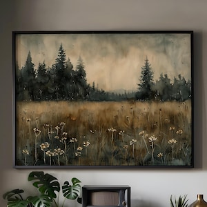 Impressão de paisagem sombria, impressão de campo de flores sombrias e sombrias, impressão horizontal de paisagem 16x20, pintura vintage, arte de parede de paisagem campestre