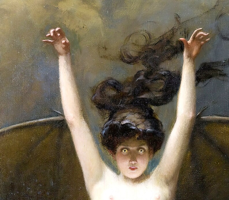 Op de afbeelding: Een schilderij van een vrouw met donker haar en vleugels, haar armen in de lucht geheven. Ze heeft een verraste uitdrukking op haar gezicht en haar ogen staan wijd open. De achtergrond is een donkere, stormachtige lucht.