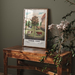 May include: A framed vintage illustration of four different breeds of cows, labeled "Typical Cows" with the breeds listed below. The illustration shows the cows in a grassy field with a barn in the background.