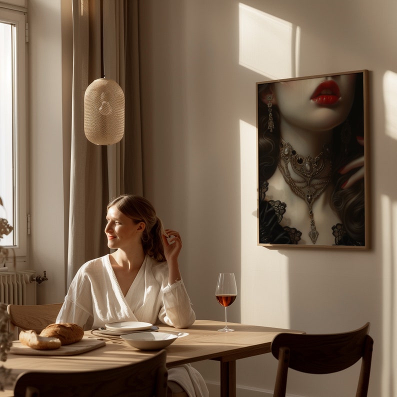 Impresión de retrato de mujer vintage, labios rojos, detalle de pintura de labios de mujer, decoración de habitación gótica, pintura de retrato melancólico, academia oscura, impresión de joyería imagen 7