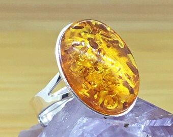 Amber Adjustable Ring. 925 Sterling Silver. Women's Amber Jewellery. UK Seller. Natural Yellow Amber. 18x13mm Oval. Handmade Gift For Her.
