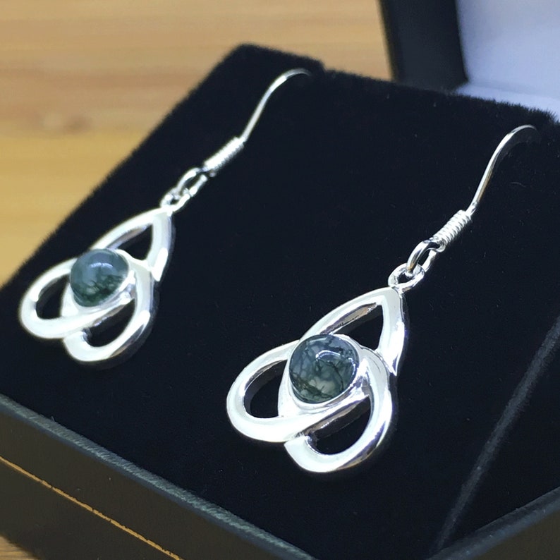 Green Moss Agate Sterling Silver Celtic Earrings Triquetra Studs Natural Moss Agate Drop Earrings Celtic Jewellery Handmade Gift For Her