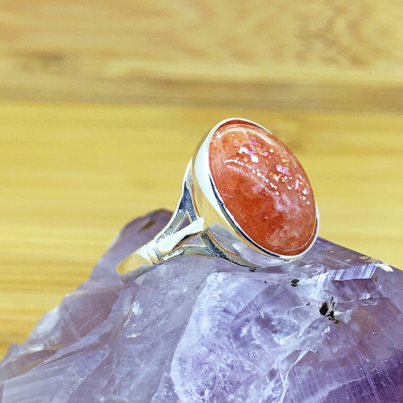 Sunstone Sterling Silver Solid Ring Ladies Ring Women Minimalist Ring Natural Orange Sunstone Genuine Crystal Non Adjustable Handmade