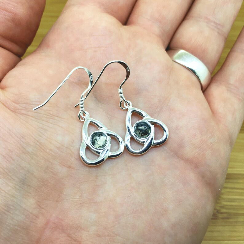 Green Moss Agate Sterling Silver Celtic Earrings Triquetra Studs Natural Moss Agate Drop Earrings Celtic Jewellery Handmade Gift For Her