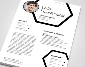 May include: Black and white resume template with a hexagonal design. The resume includes personal and professional information for Livio Hausmuster. The text includes the words "Personal Data", "Languages", "German", "English", "French", "Professional Activities", "PR Consultant", "Know How", "PowerPoint", "Word", and "Excel".