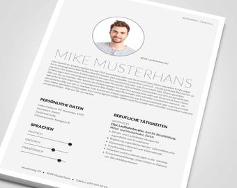 May include: A black and white resume with the name Mike Musterhans, a photo of a man, and a list of personal and professional information. The resume includes a section for personal data, languages, and professional experience. The text on the resume includes the title "Dipl. Laufbahnberater" and the text "seit 09/2019".