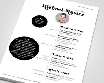May include: A resume on white paper with the name "Michael Muster" at the top. The resume includes a photo, work experience, projects, and education. The text is in black, with a clean, professional layout.