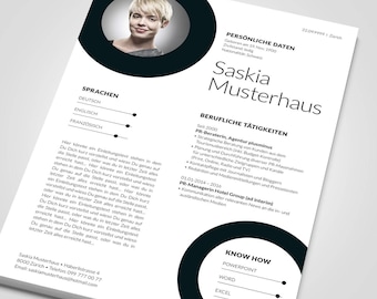 May include: A professional resume template with a headshot of a woman. The document features a clean, modern design with black and white elements, including circles and lines. The resume includes sections for personal data, languages, work experience, and skills.