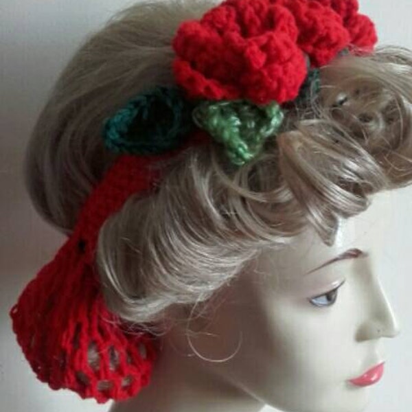 1940s snood, day of the dead, roses, vintage style, hairnet, handmade, crochet, red roses,Victorian, civil war, gothic
