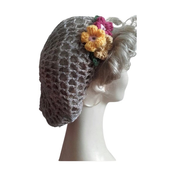 1940's snood, handmade, crochet flowers, Oatmeal, hairnet, vintage style hair accessory