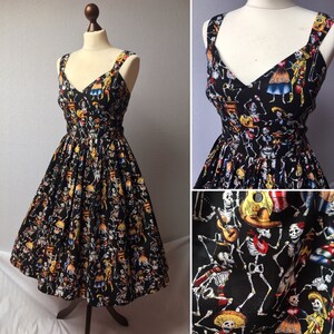 Day Of The Dead, 1950's dress, sundress, Goth dress, Rockabilly dress, Skater dress, Halloween Dress uk size 8