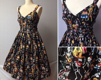Day Of The Dead, 1950's dress, sundress, Goth dress, Rockabilly dress, Skater dress, Halloween Dress uk sizes 6-22