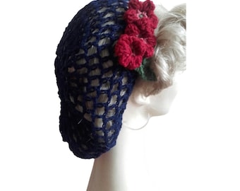 Navy Hairnet,1940s hair net, 1940s snood, navy snood, red rose hair flower, vintage hat