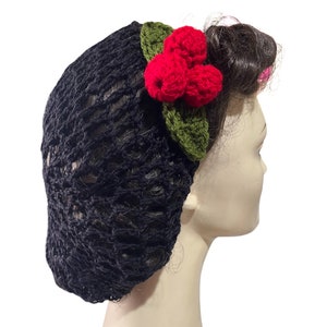 1940's black  snood, crochet hairnet, Red berries new crochet, handmade wartime, landgirl, swing dance, dance accessory