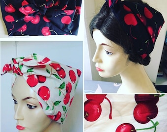 Cherry Bandana, 1950s headscarf, hair tie, vintage headband, 1940s headscarf
