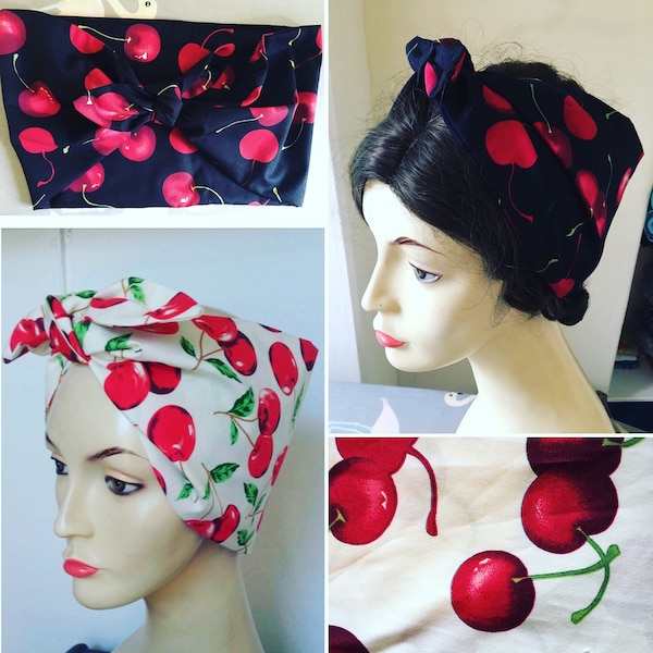 Cherry Bandana, 1950s headscarf, hair tie, vintage headband, 1940s headscarf