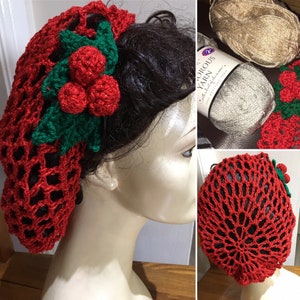 1940s hair snood,Red Sparkly hairnet, crochet snood, holy and ivy, Christmas gift