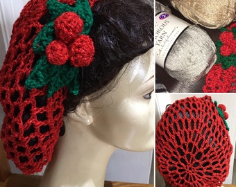 1940s hair snood,Red Sparkly hairnet, crochet snood, holy and ivy, Christmas gift