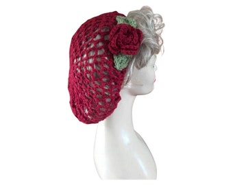 1940's snood, crochet hairnet, Red roses, new crochet, handmade wartime, landgirl, swing dance, dance accessory