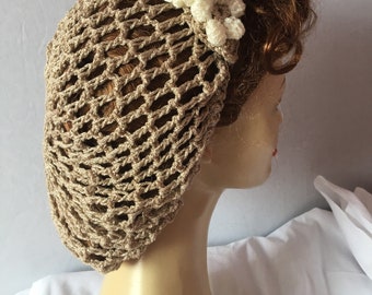 Wedding Gold 1940s snood, snood de ganchillo, sombrero vintage, snood de pelo, redecilla. Redecilla para el cabello brillante