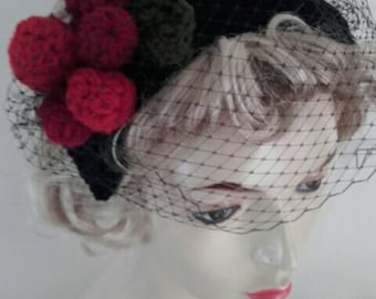 1940s cherry hat, 1950s hat, half hat, black hat, cherries, birdcage hat,vintage headpiece, fascinator