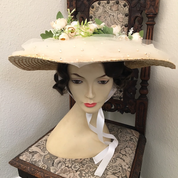 Edwardian hat, large straw hat, ladies vintage hat, ww1 ladies hat, oversized ladies hat