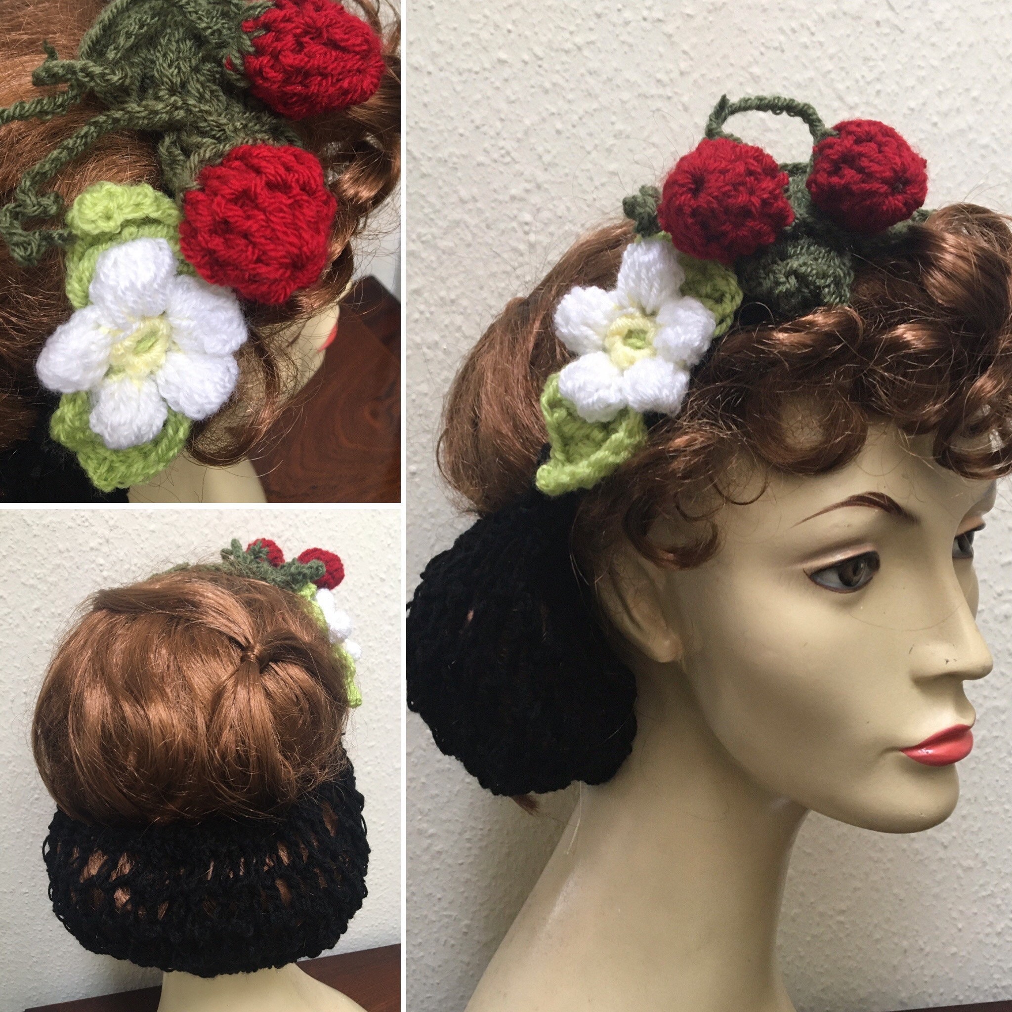 RavenMaddBoutique Hair Snood, 1940s Hair Net, Vintage Accessory, Handmade, Strawberries, Victorian headpiece,vintage Wedding, cream/black/navy