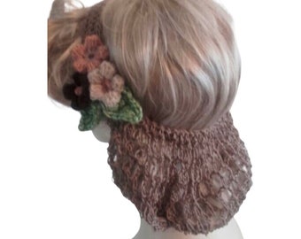 1940's half snood, vintage style hair, handmade crochet, hair flower, beige hairnet,vintage wedding, cotton snood