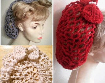 1940s crochet snood, vintage style, crochet hairnet, Bow, lilac hair accessory