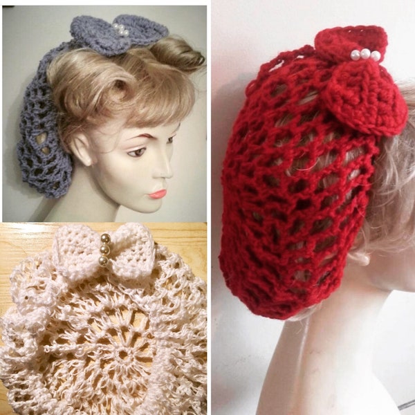 1940s crochet snood, vintage style, crochet hairnet, Bow, lilac hair accessory