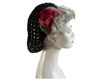 Black snood,crochet snood, black hairnet, 1940s hairnet, hair flowers