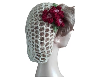 1940s snood,crochet snood, cream hairnet, cream snood